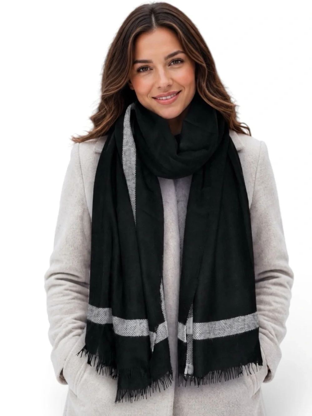 Vince Double-Face Check Merino Wool Cashmere Fringe Scarf Black Gray Border NWOT